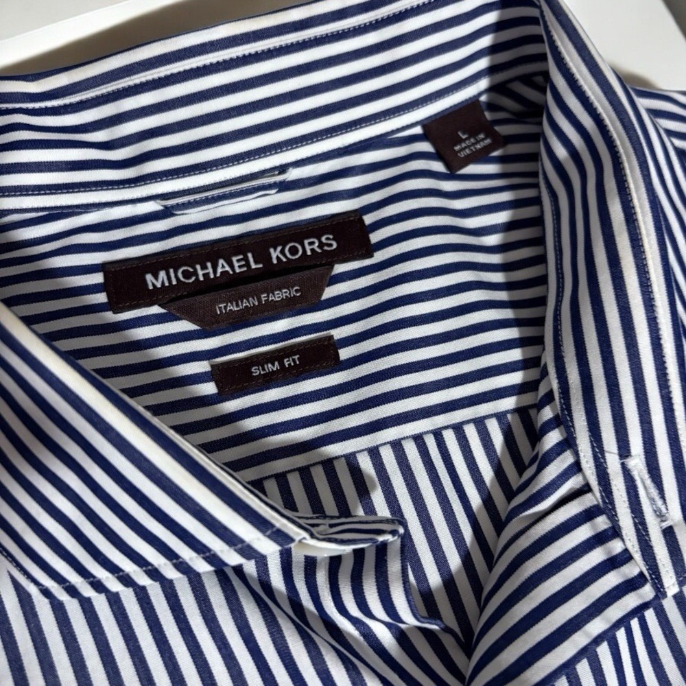 Michael Kors Mens Navy Stripe Button Down Long Sleeve Shirt Italian Fabric L